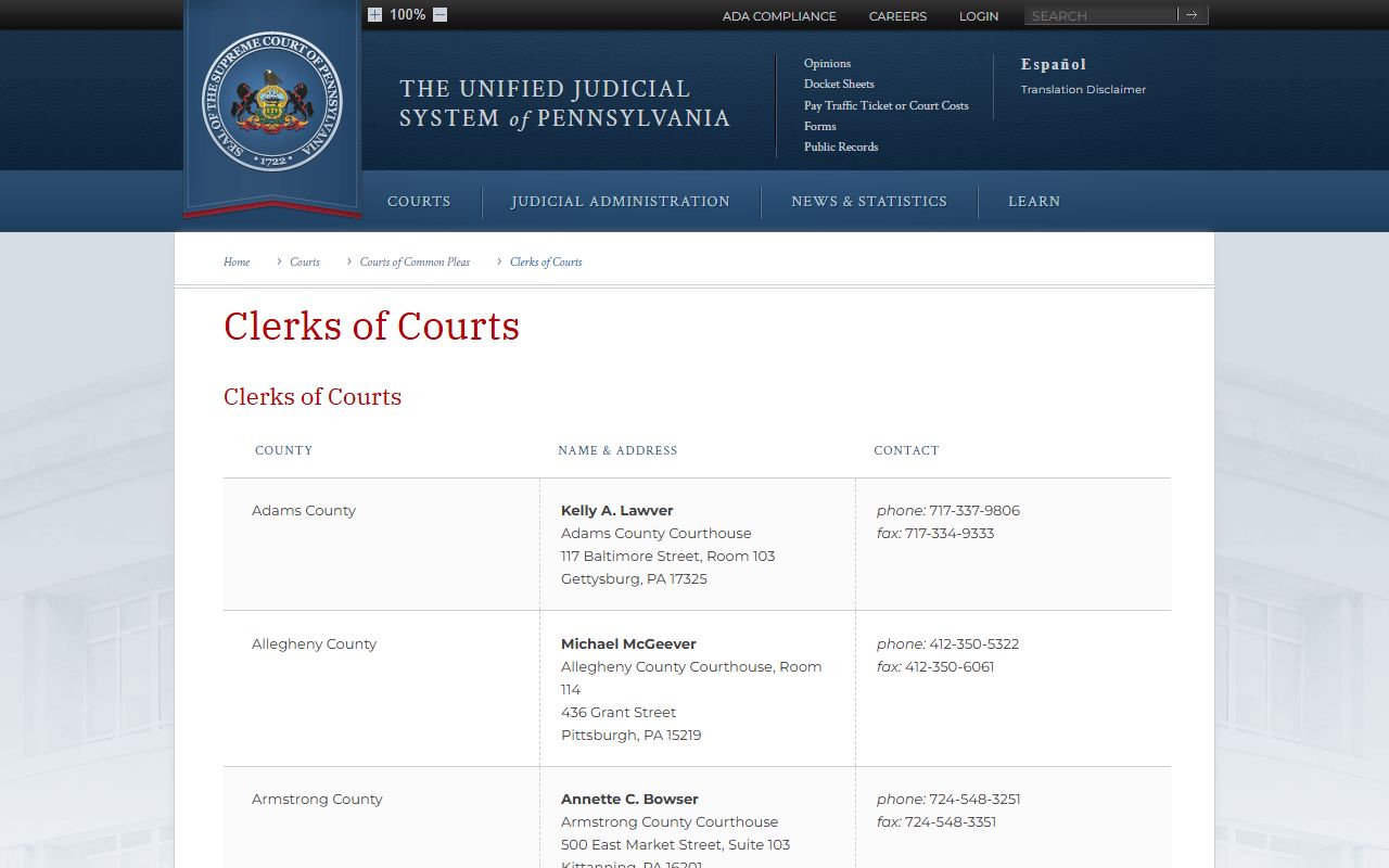 Northumberland County court dockets clerks of courts list