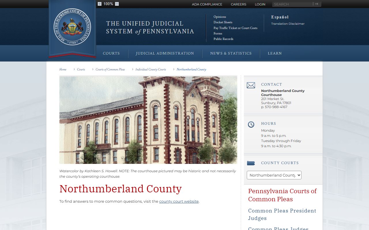 Northumberland County court dockets UJS county court page