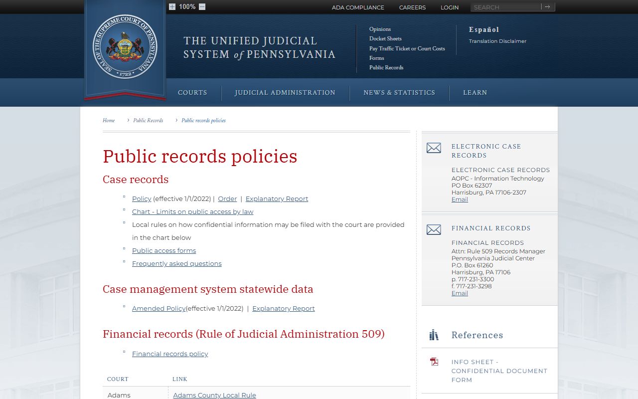 Northumberland County court records UJS public records policies