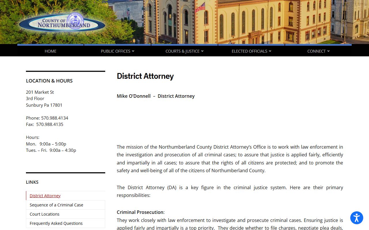 Northumberland County criminal court records District Attorney page
