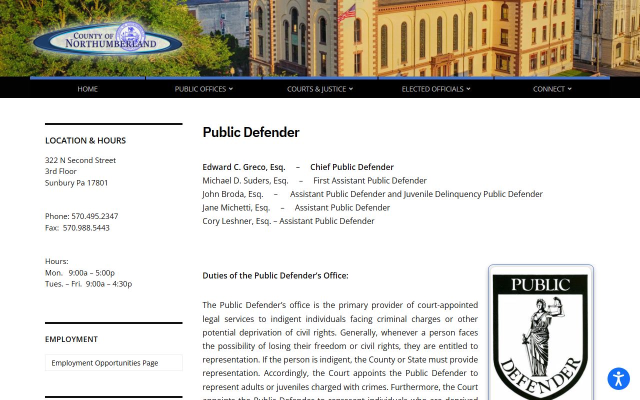 Northumberland County criminal court records Public Defender page