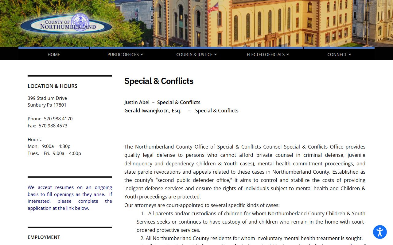 Northumberland County criminal court records special conflicts counsel page