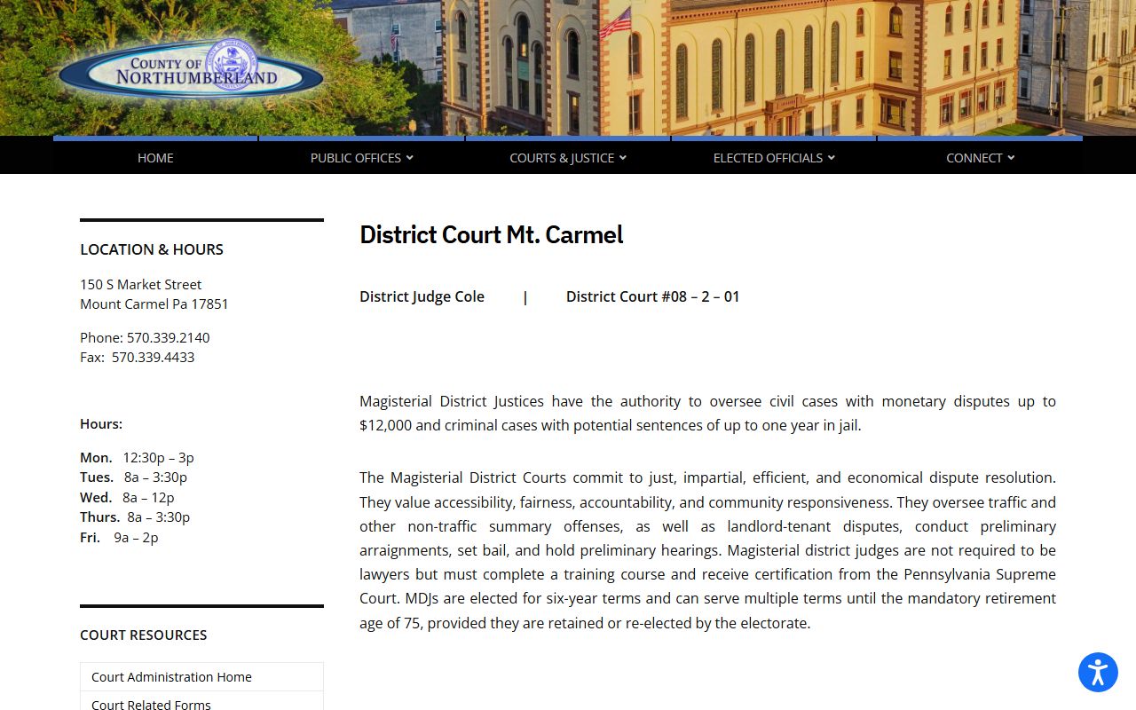 Northumberland County Court of Common Pleas lower court Mount Carmel Magisterial District Court