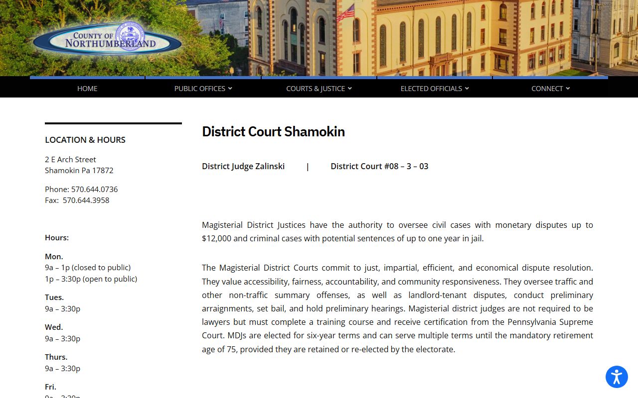 Northumberland County Court of Common Pleas lower court Shamokin Magisterial District Court
