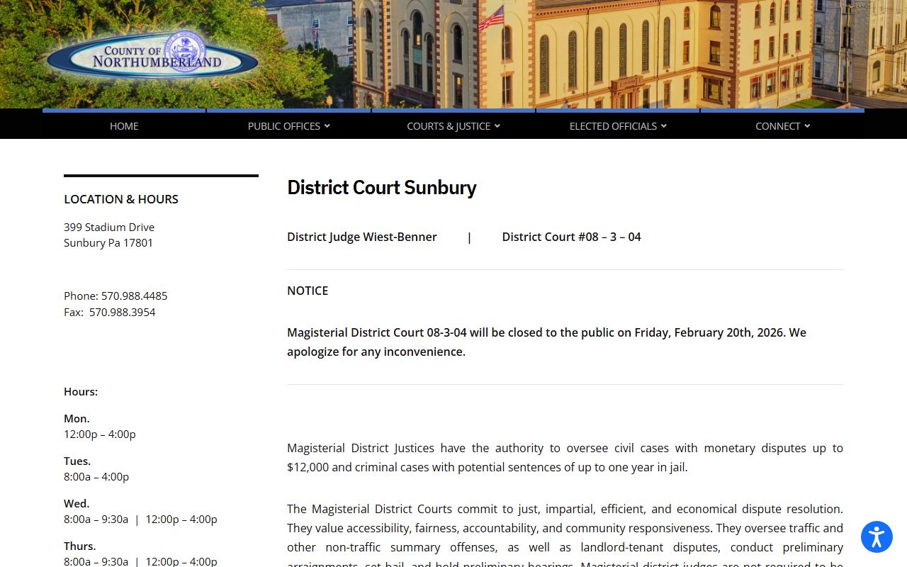 Northumberland County Court of Common Pleas lower court Sunbury Magisterial District Court