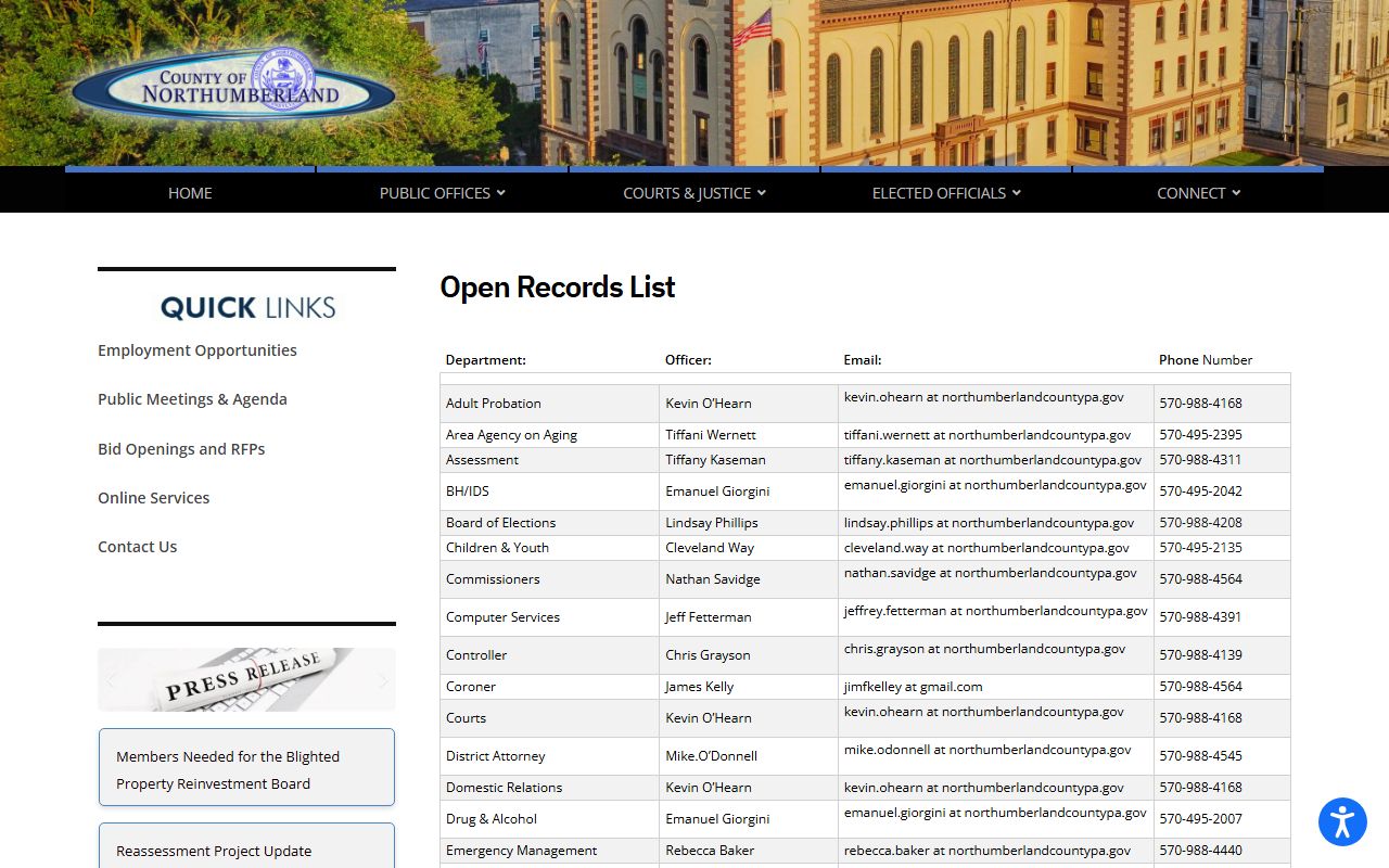 Northumberland County court records open records contacts