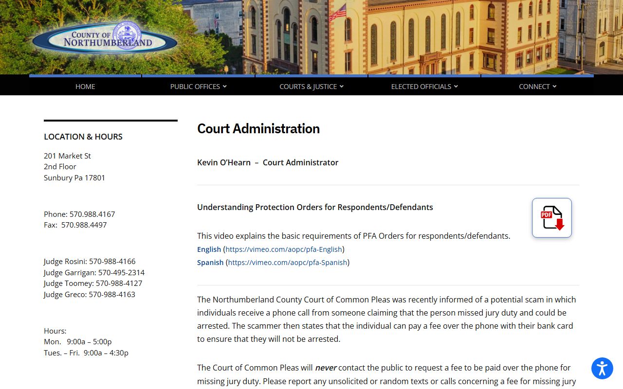 Northumberland County court records court administration page