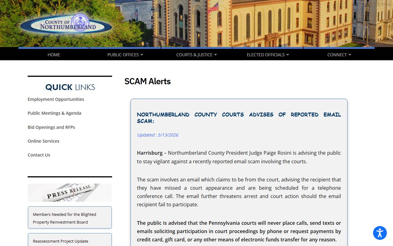 Northumberland County warrant records arrest warrant scam alert